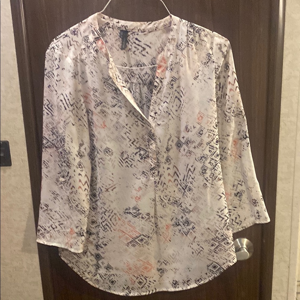 Maurices White Sheer Printed Blouse with Navy and Peach Accents